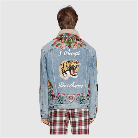 gucci jean jacket replica|Gucci fur denim jacket.